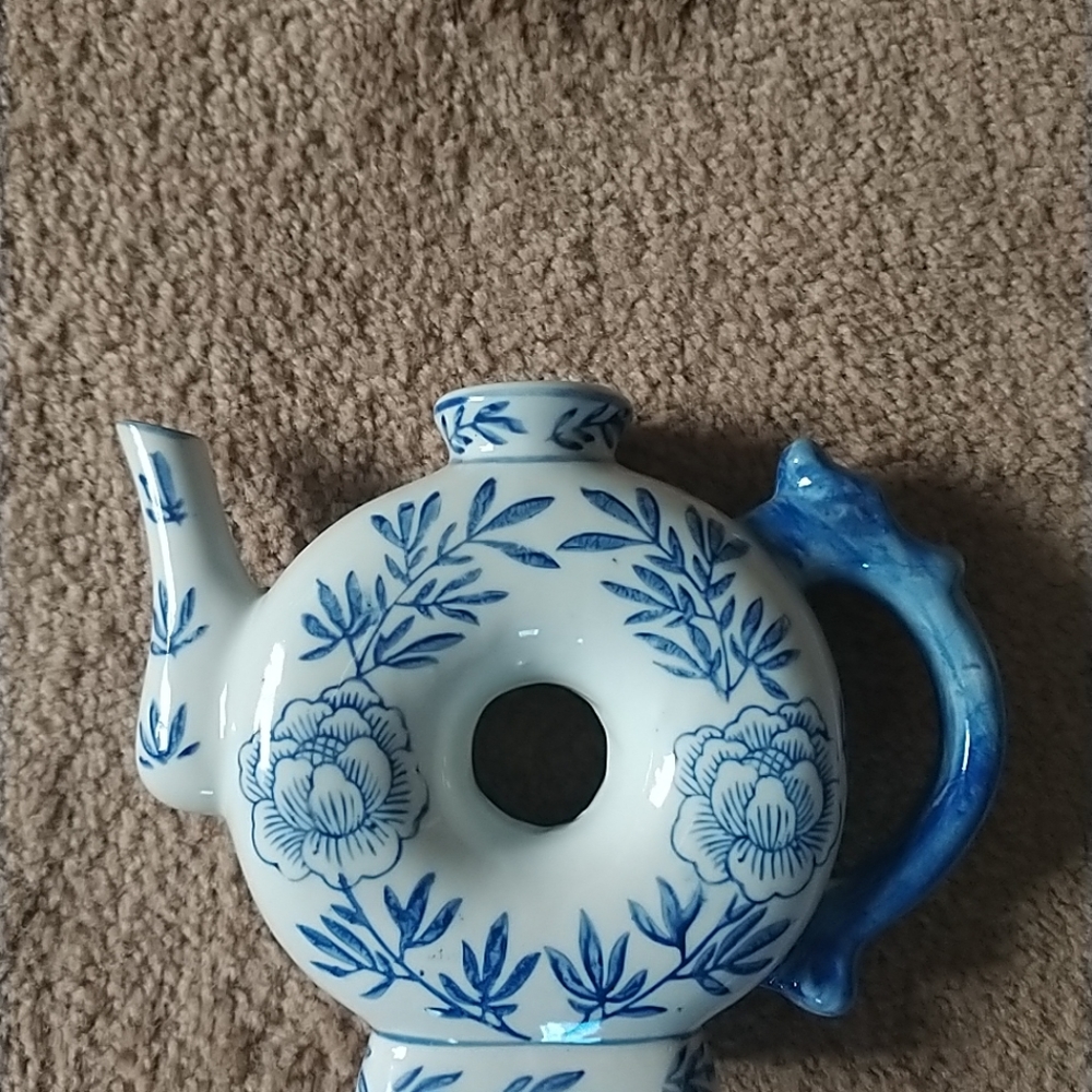 Chinese Donut Hole Porcelain Teapot Floral Blue/White Design Dragon Handle/Plant